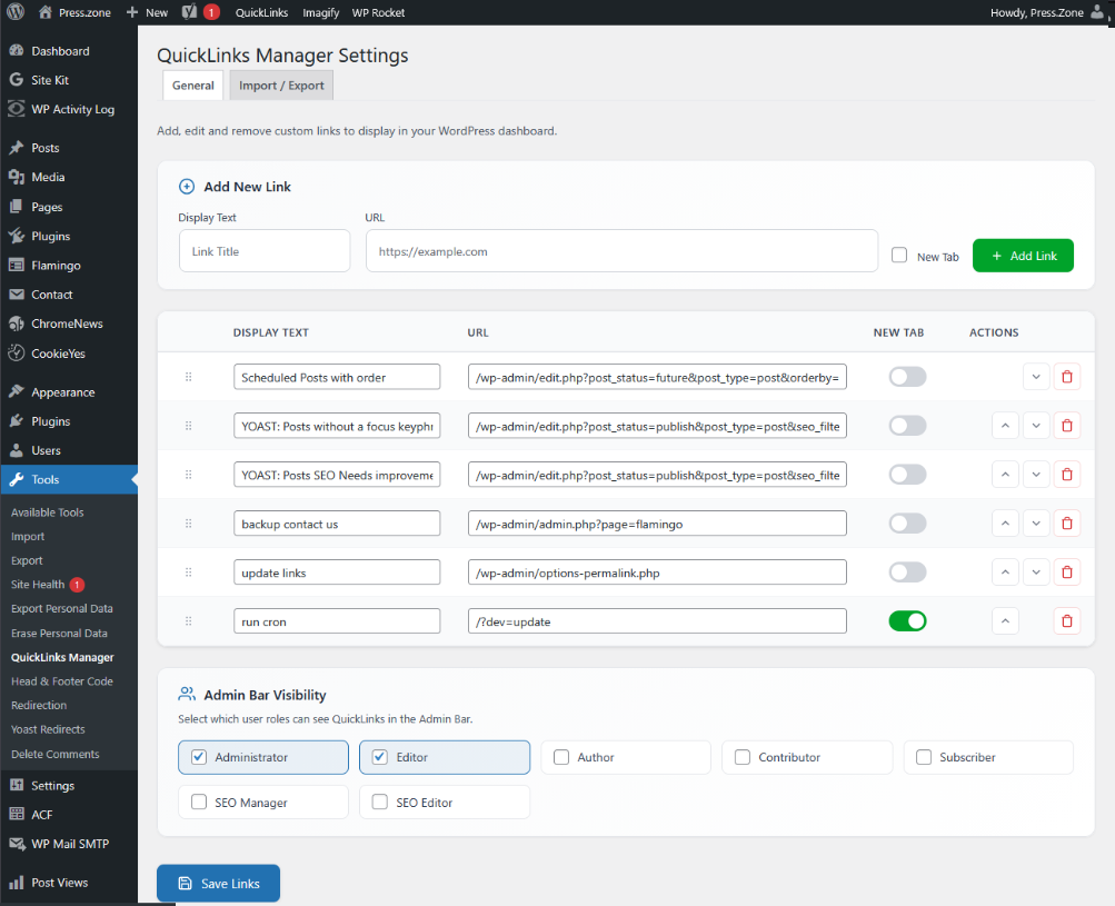 The settings page with drag-and-drop link management.