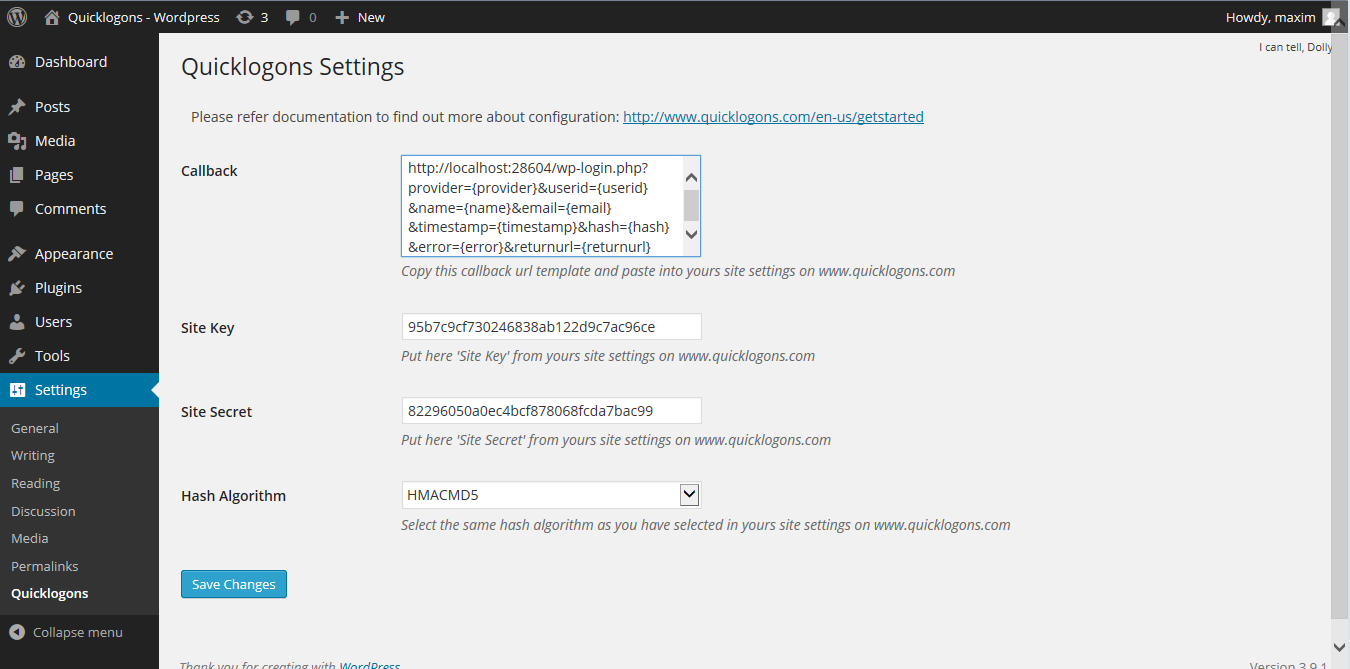 Quicklogons plugin settings page.