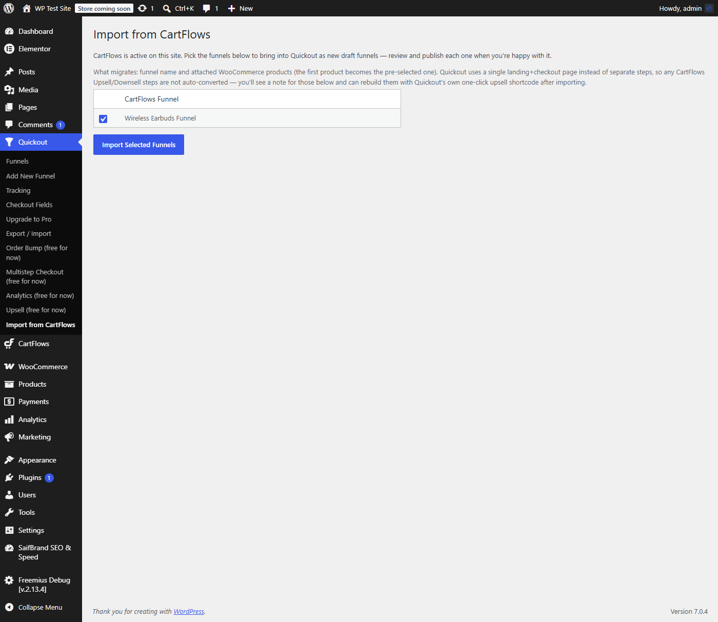 Import from CartFlows -- pick existing funnels to bring over in one click.