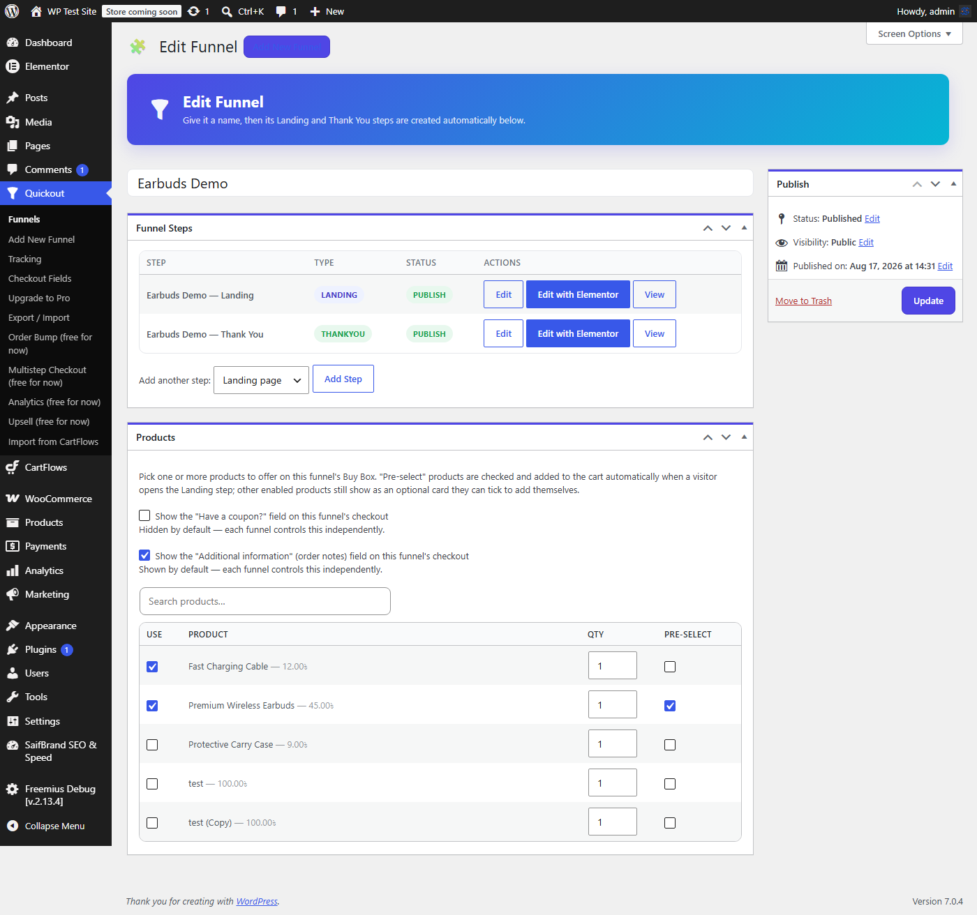 The Products box -- attach products to a funnel and pre-select the default one.