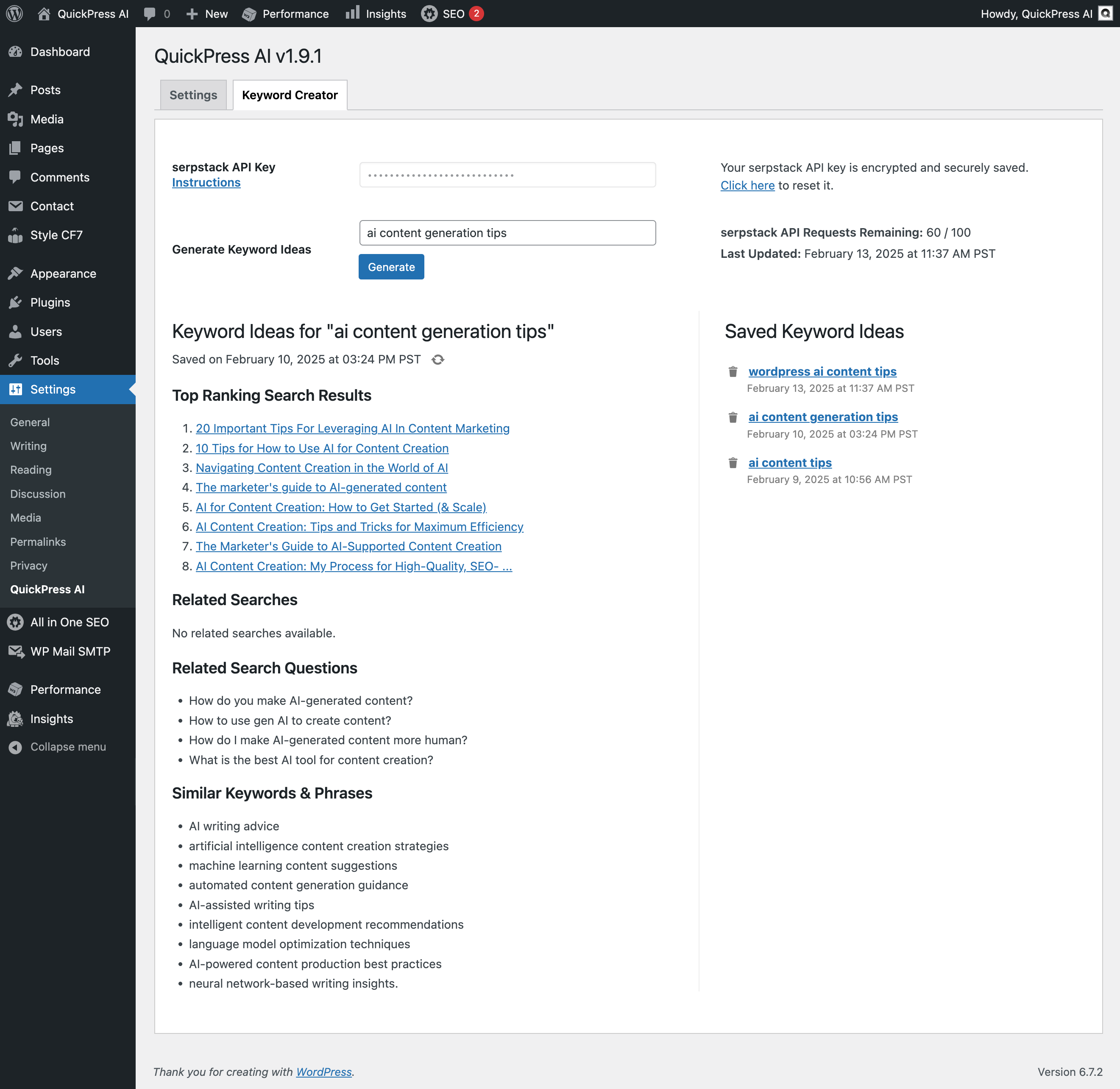 QuickPress AI "Keyword Creator" tab