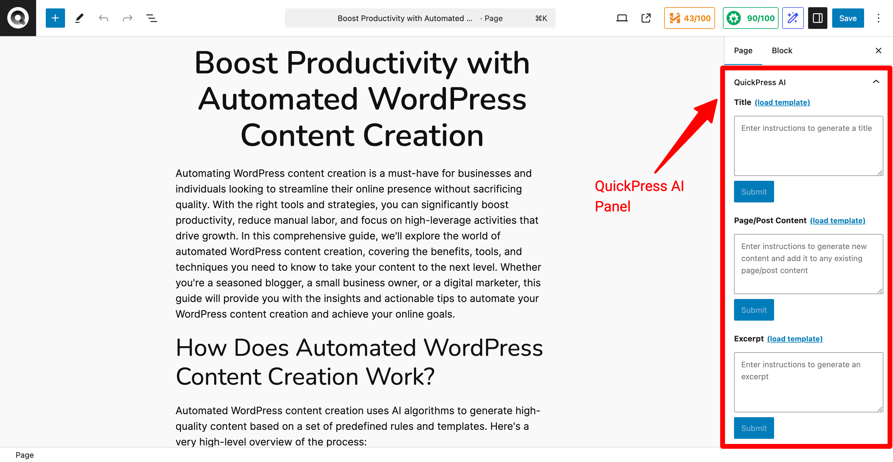 QuickPress AI panel in the content editor