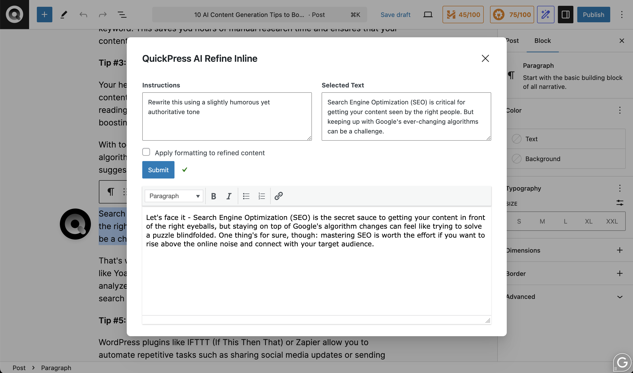 QuickPress AI Refine Inline