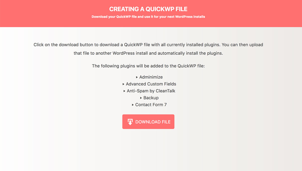 Download automatically created QuickWP file