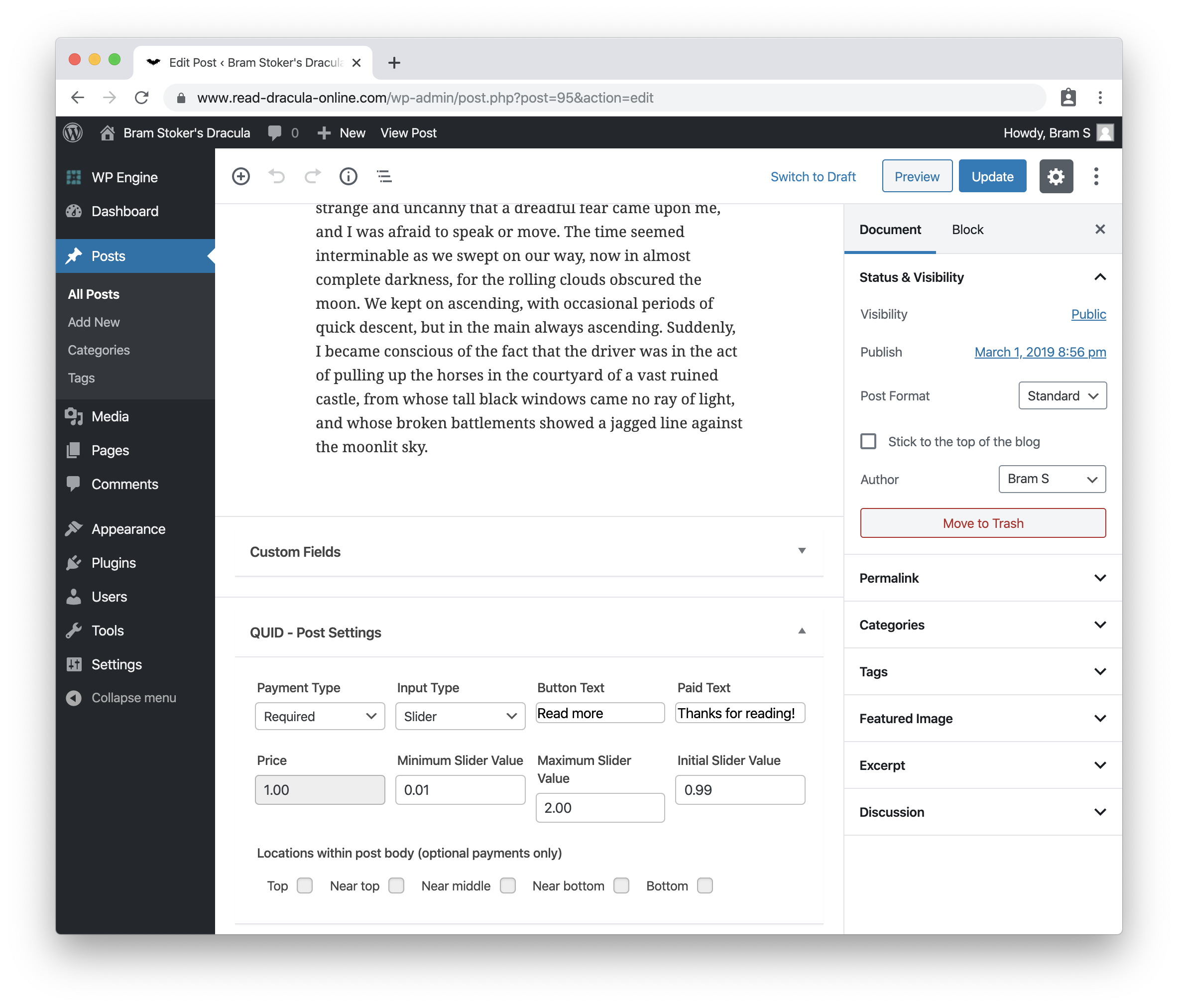 Configure the QUID post settings fields for each post where you want to display the payment button or slider. For detailed instructions on how to use each field visit our [knowledge base](https://how.quid.works/quid-wordpress-plugin/). Include an excerpt of the post for the plugin to display before a user has paid.