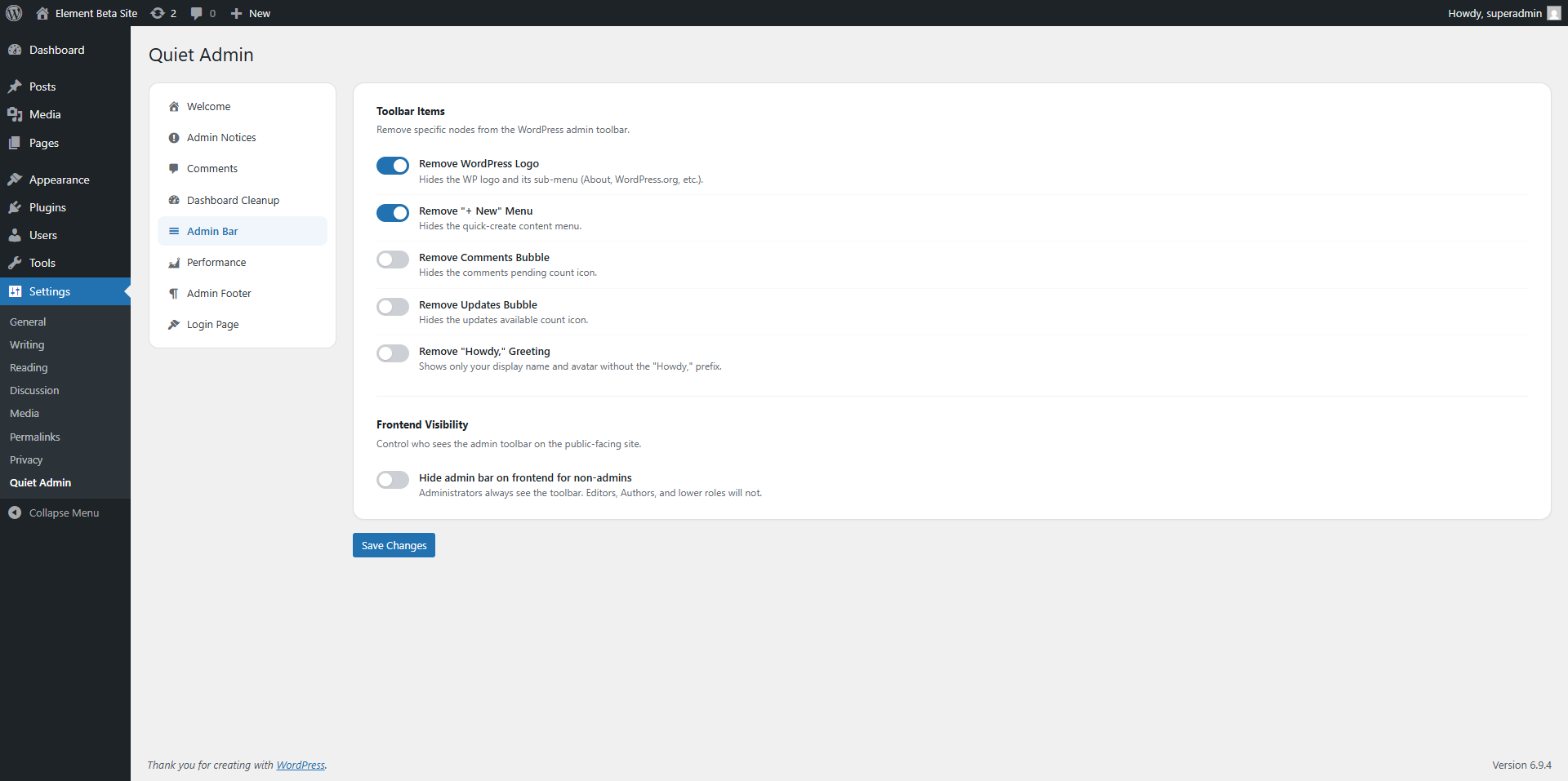 Admin Bar Cleanup — remove toolbar items and hide for non-admins
