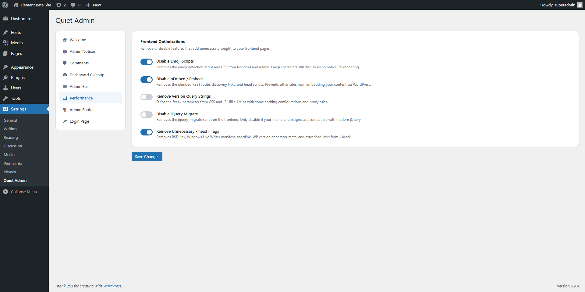 Performance Tweaks — disable emoji, oEmbed, query strings, and more