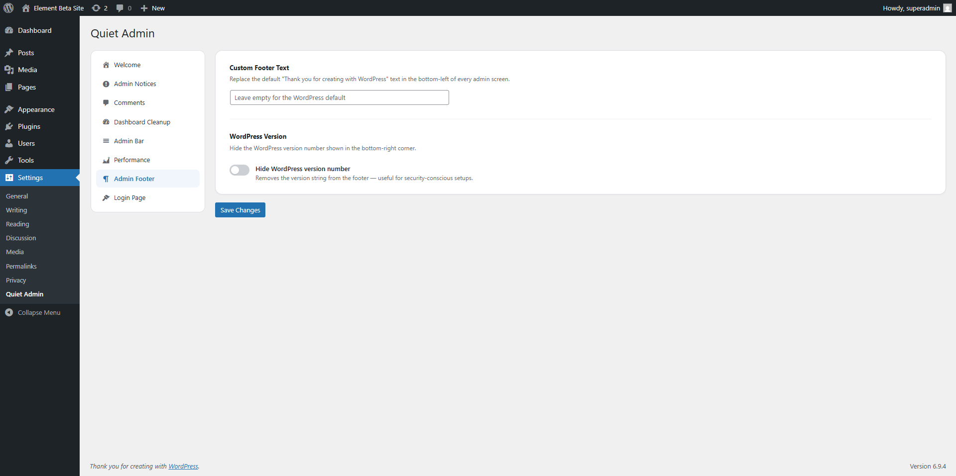 Admin Footer — customize the footer and the wordpress version