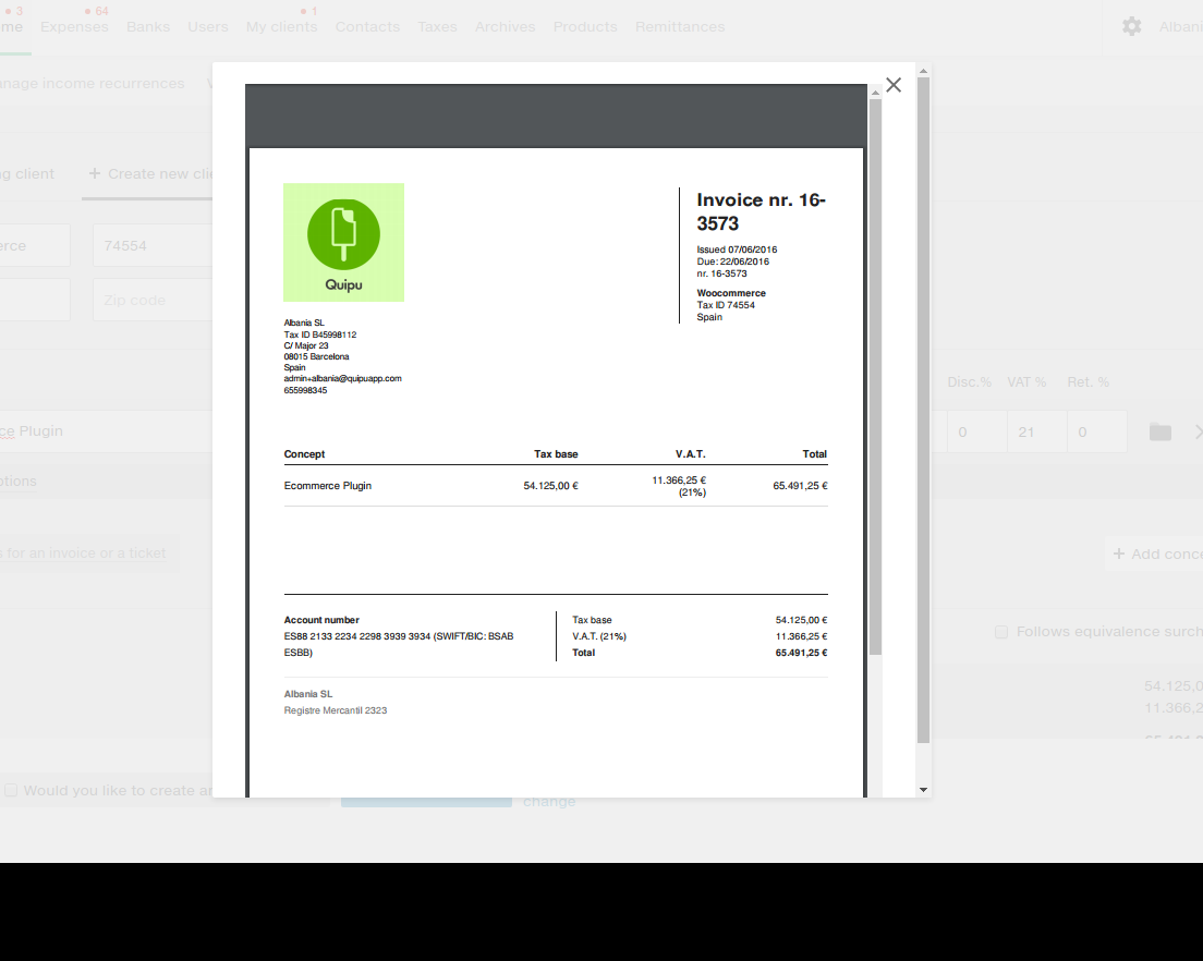 Set up your Quipu account with your billing data and upload the logo of your ecommerce