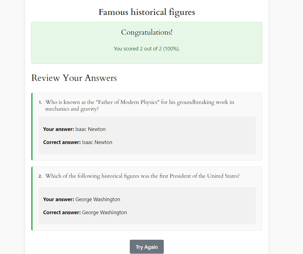 Frontend quiz display example