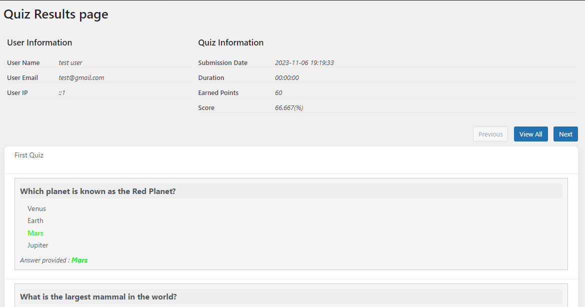 Dive into a detailed view of your quiz results with the WordPress Quiz Plugin.