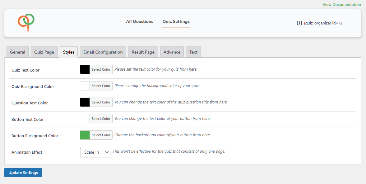 Customize your quizzes with ease by setting up your preferred default quiz theme settings using the WordPress Quiz Plugin.