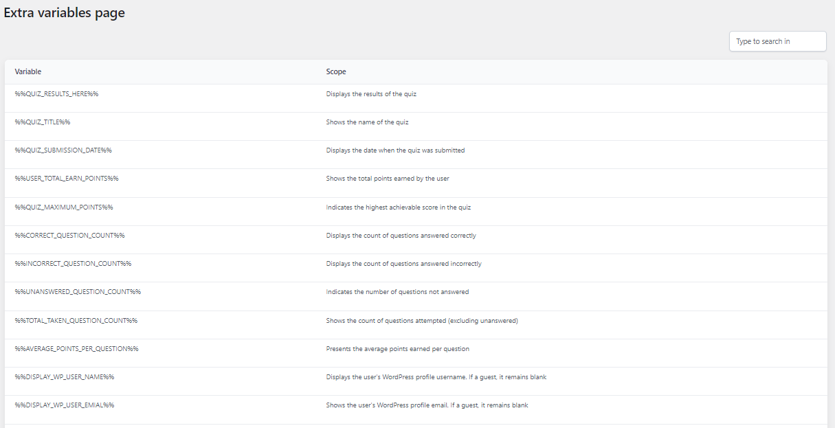 Enhance your result page and email content with additional variables provided by the WordPress Quiz Plugin.