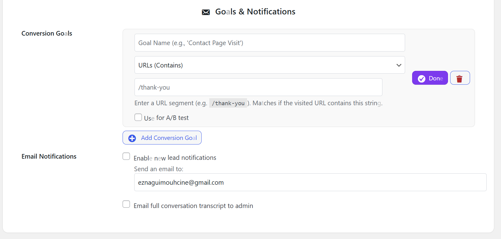 Configuration Settings -Conversion, Notification - Settings