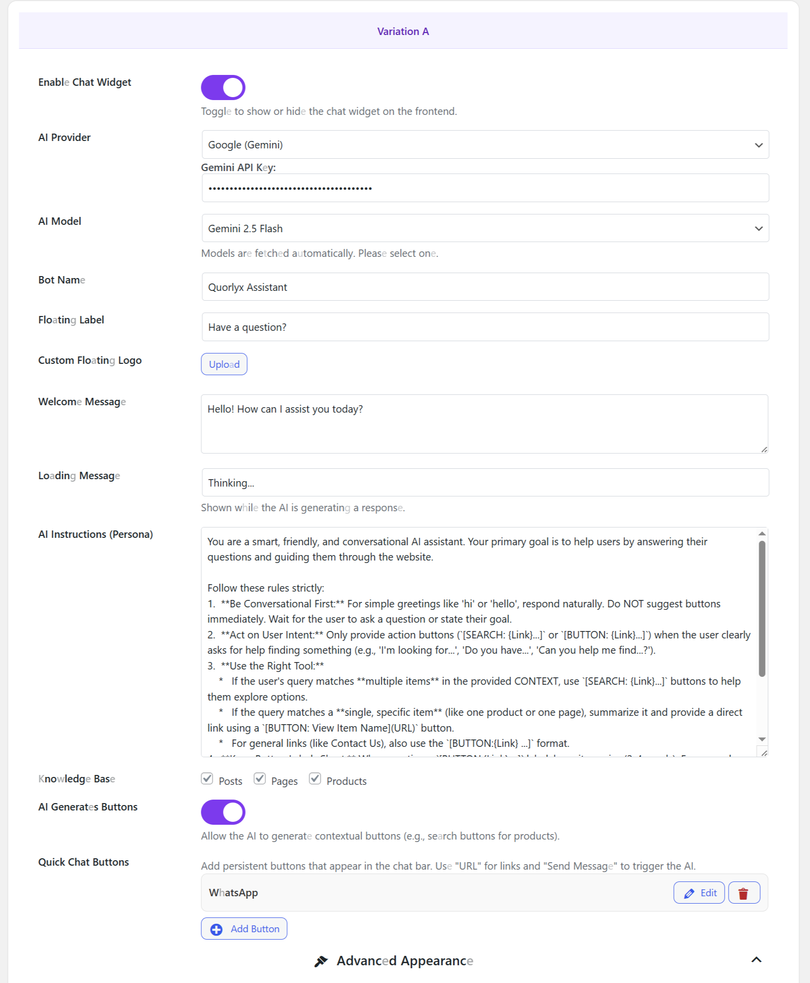 Configuration Settings -ChatBot - Setting