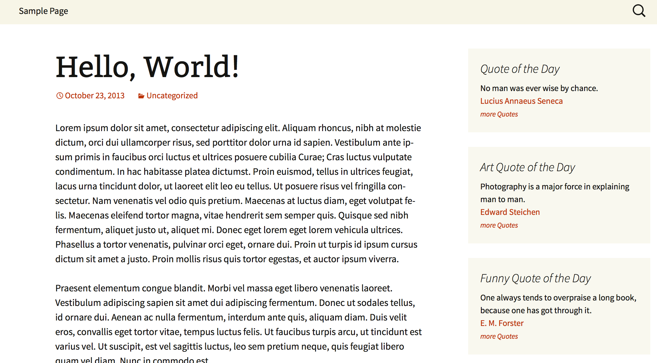 Screenshot of the wordpress page with multiple Quote Of The Day widgets.