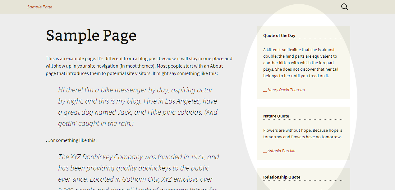 Screenshot of blog page with Quote Of The Day widgets.