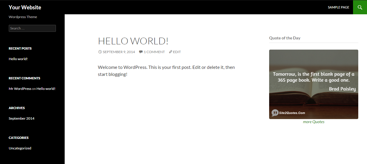 Screenshot of the wordpress page with a single Quote Of The Day widget.