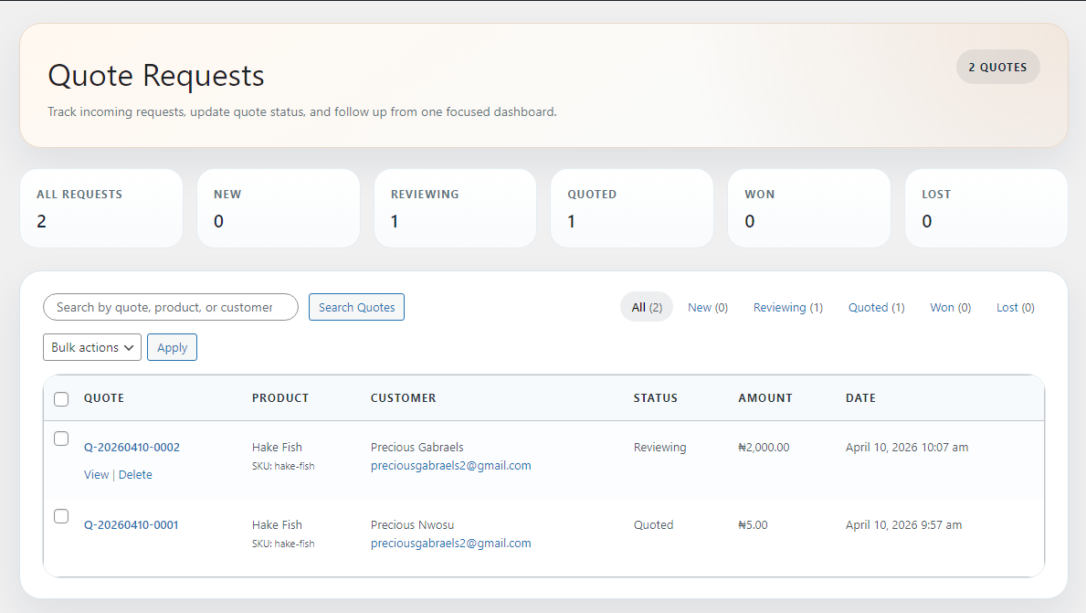QuoteFlux admin dashboard for reviewing and managing submitted quote requests.