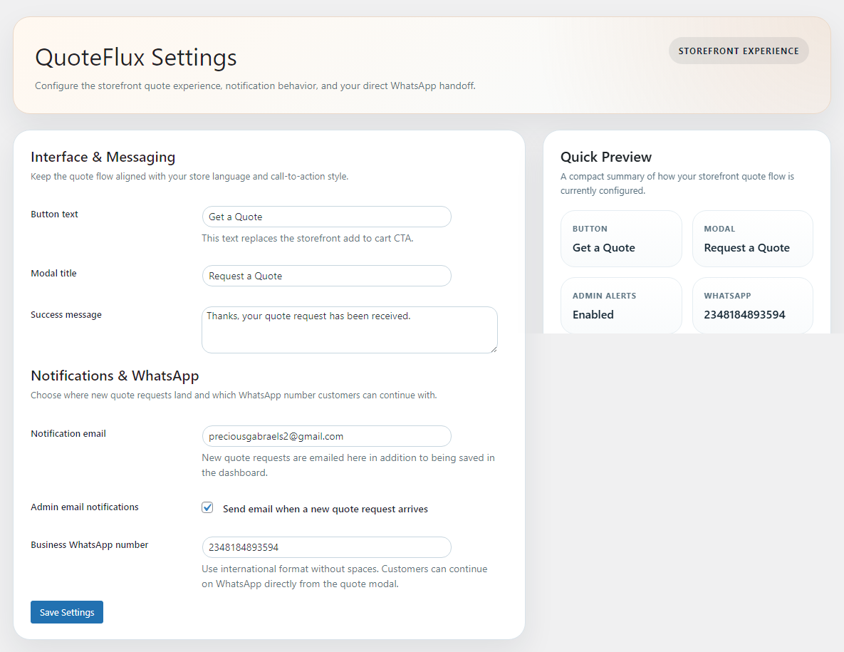 QuoteFlux admin settings screen for configuring quote workflow behavior and business options.
