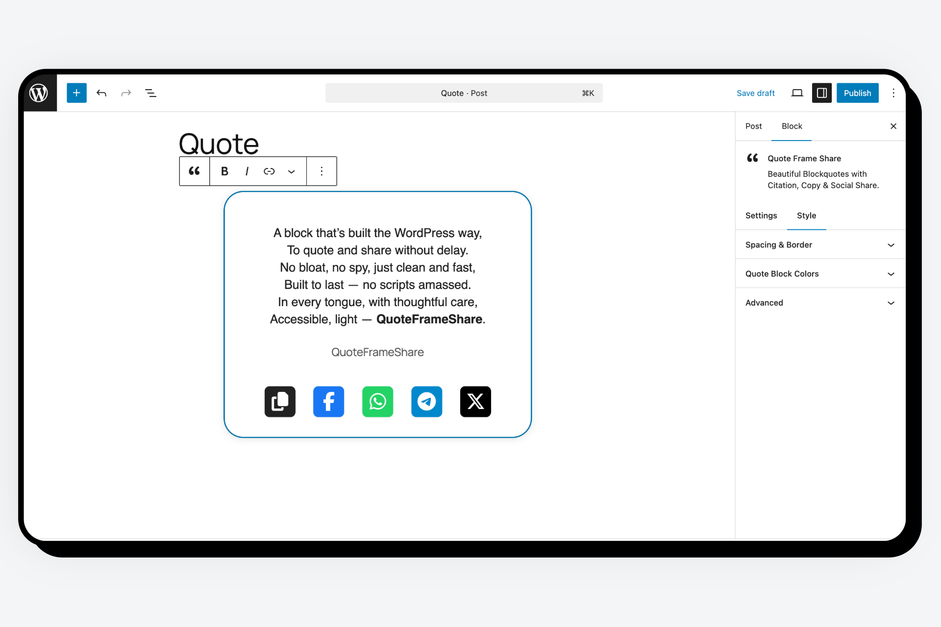 Shows border, background, shadow, and citation styling with copy and share buttons.