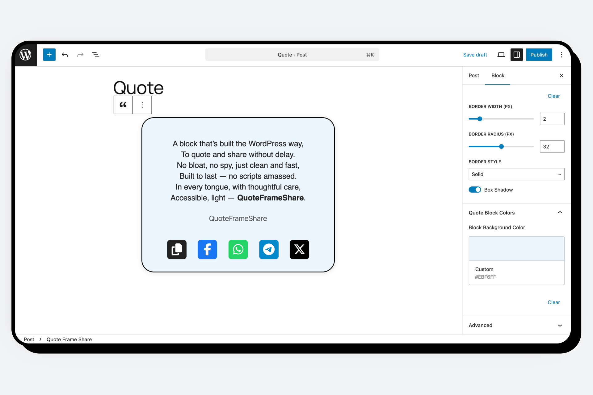 Apply box shadow and background color for an elegant and professional quote appearance.