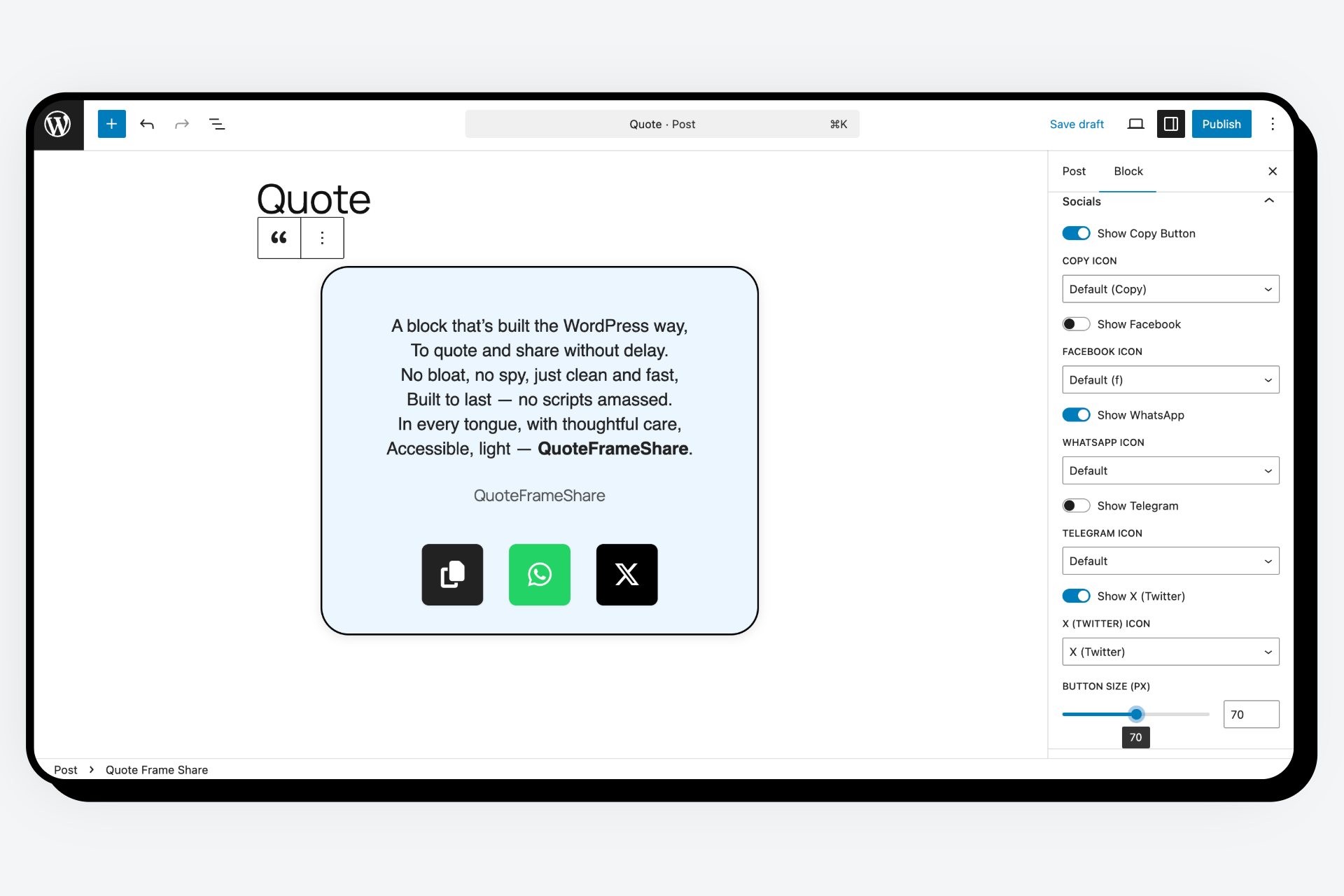 Easily control the visibility and size of the copy/share icons from block settings.
