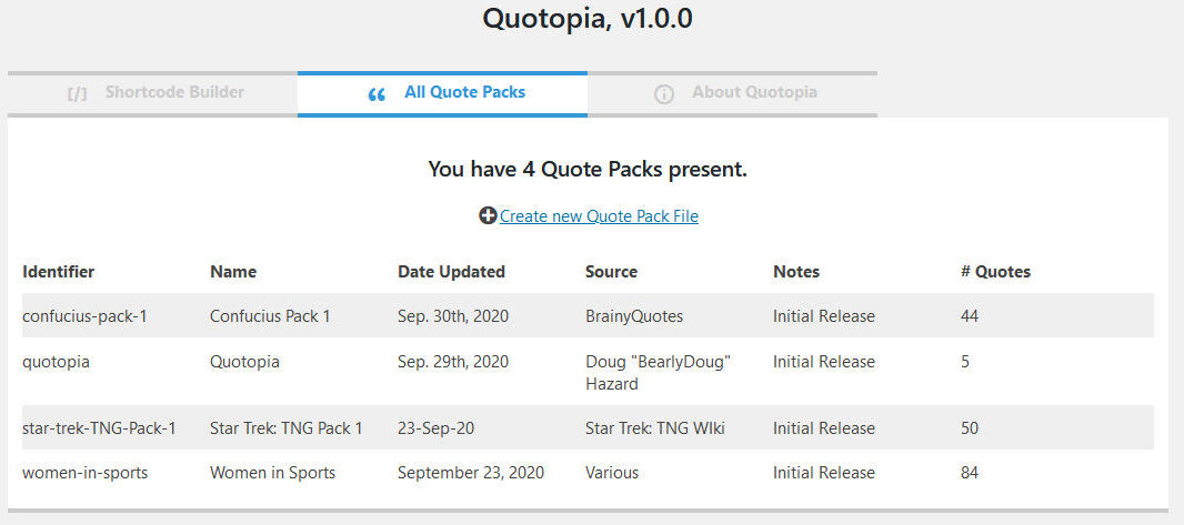 Quote Packs listing.