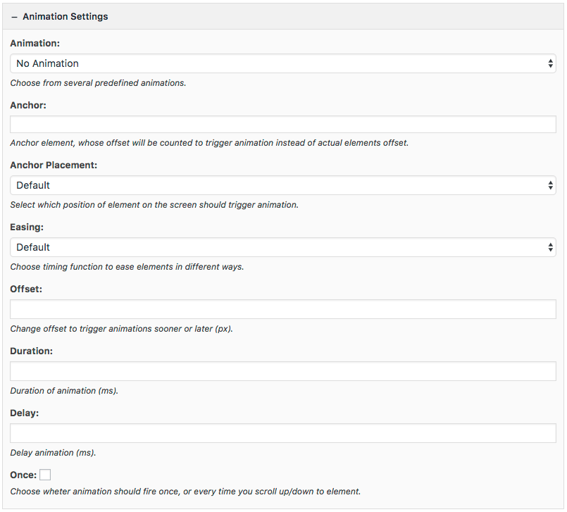 'Animation' fields inside 'Widgets' screen in WordPress.