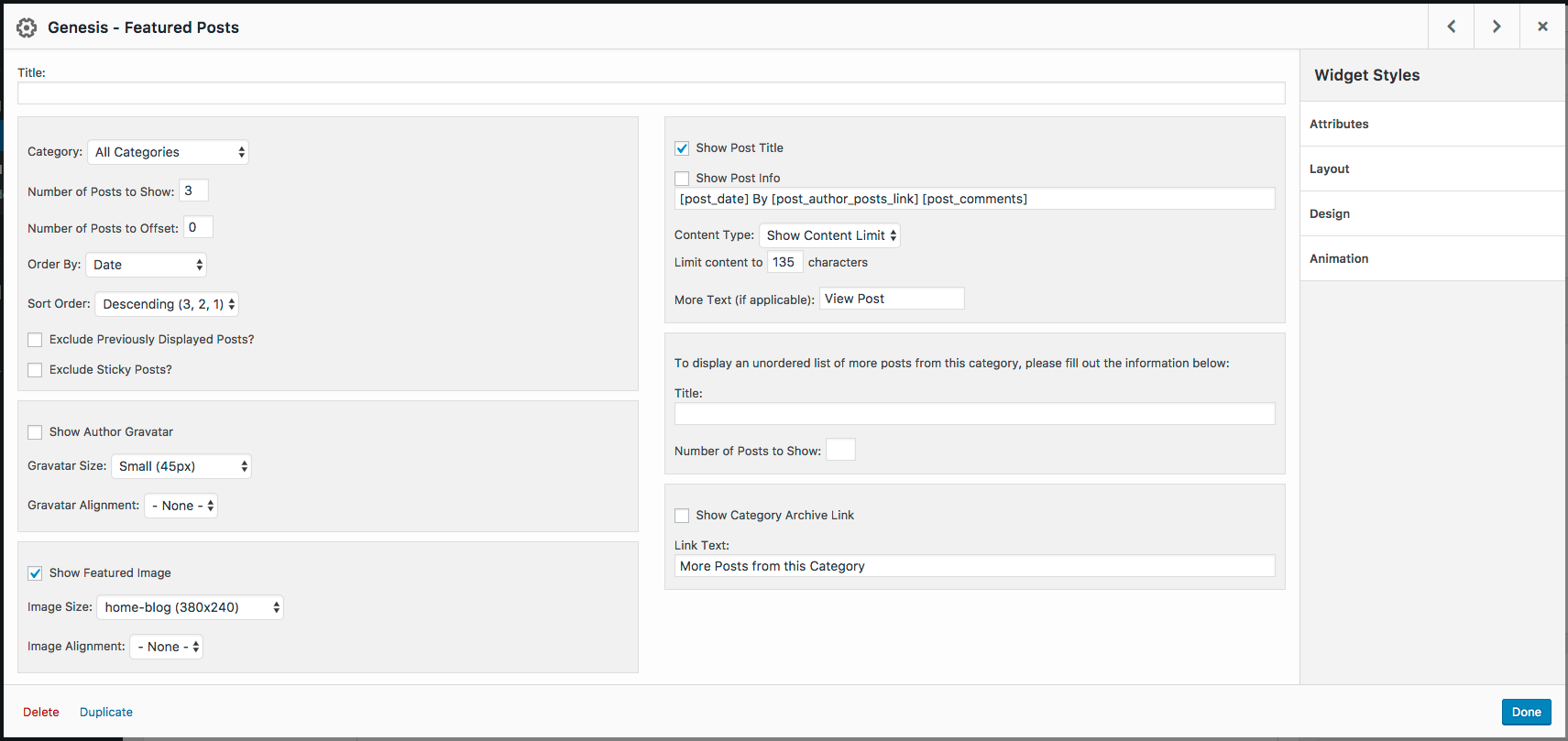 'Animation' tab settings in SiteOrigin Panels.