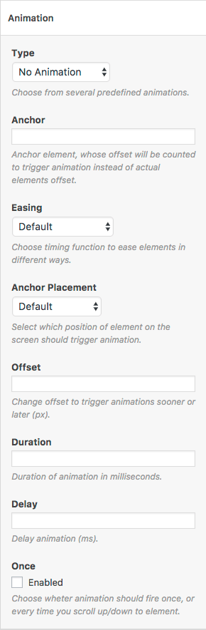 'Animation' tab settings when opened in SiteOrigin Panels.