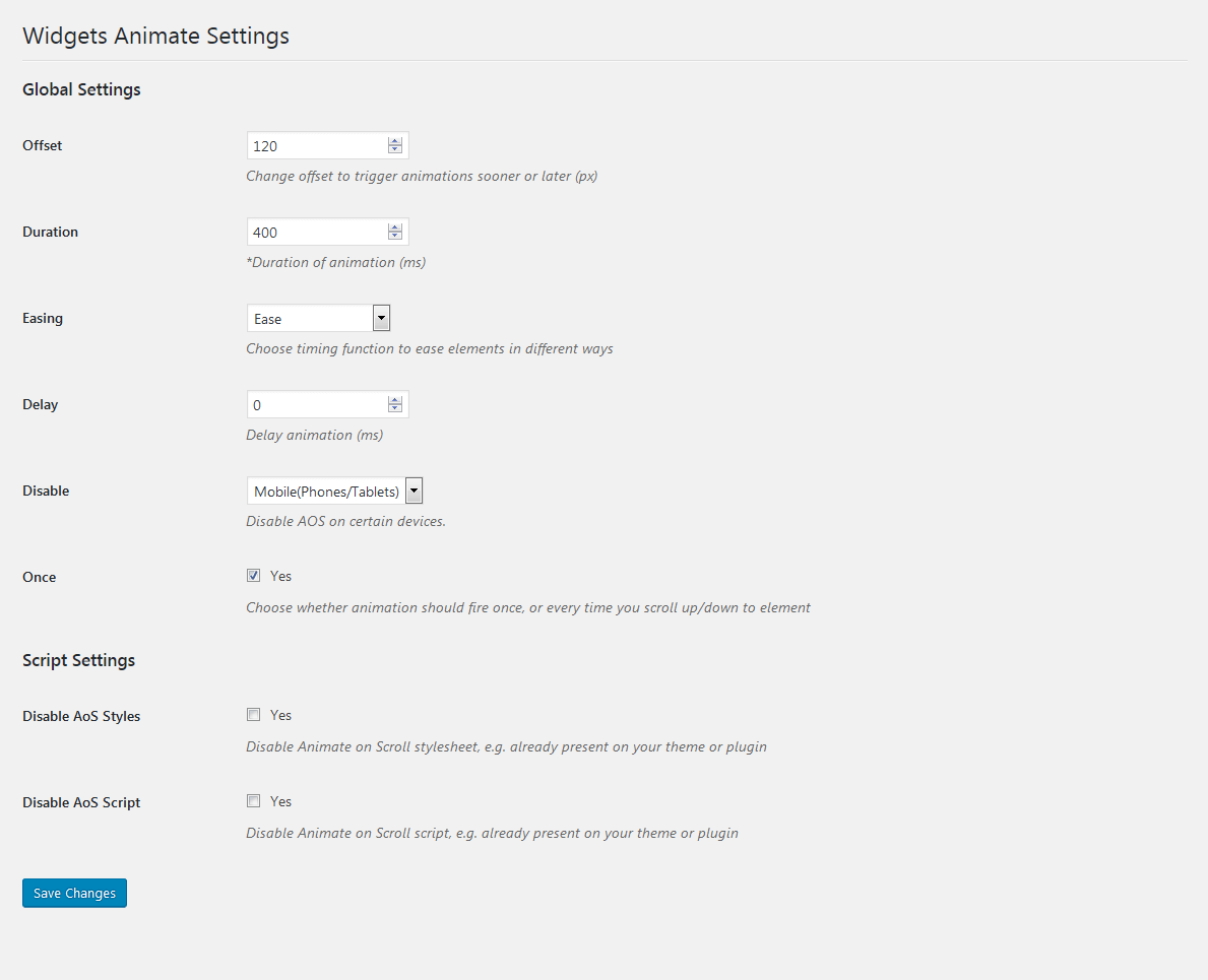'RA Widgets Animate' settings page.
