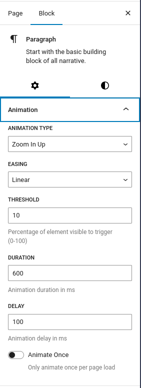 Animation tab inside the block editor.