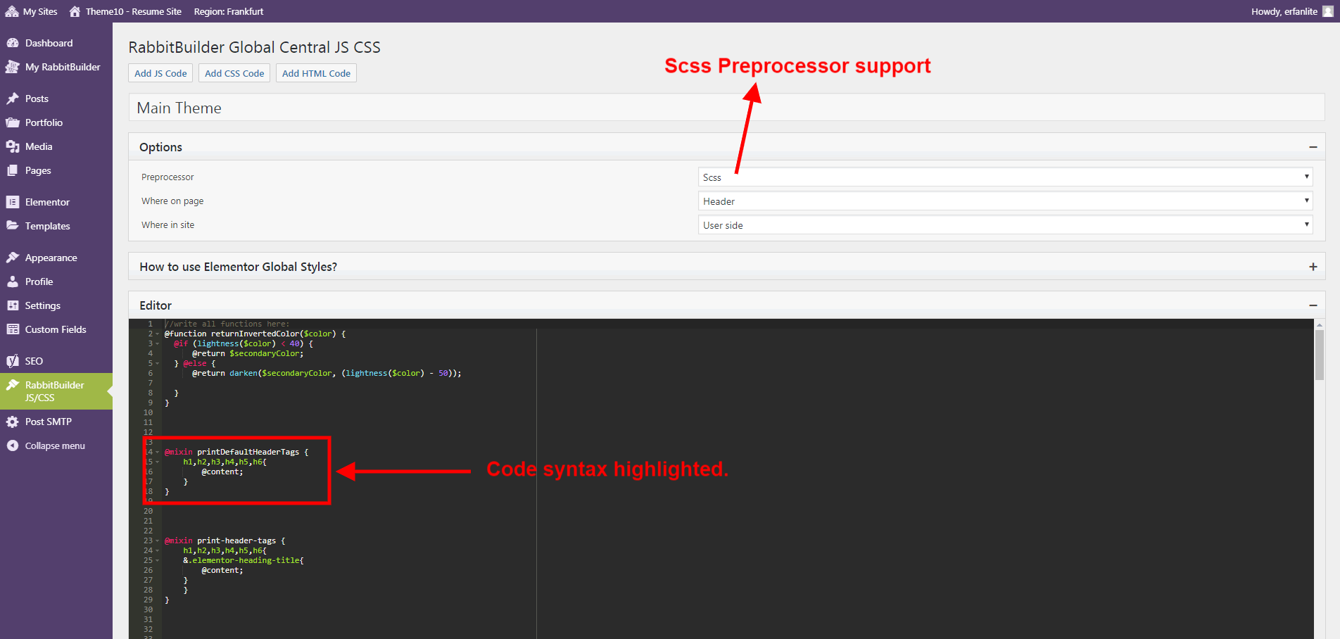 Style/Script edit screen with SCSS Preprocessor Support.