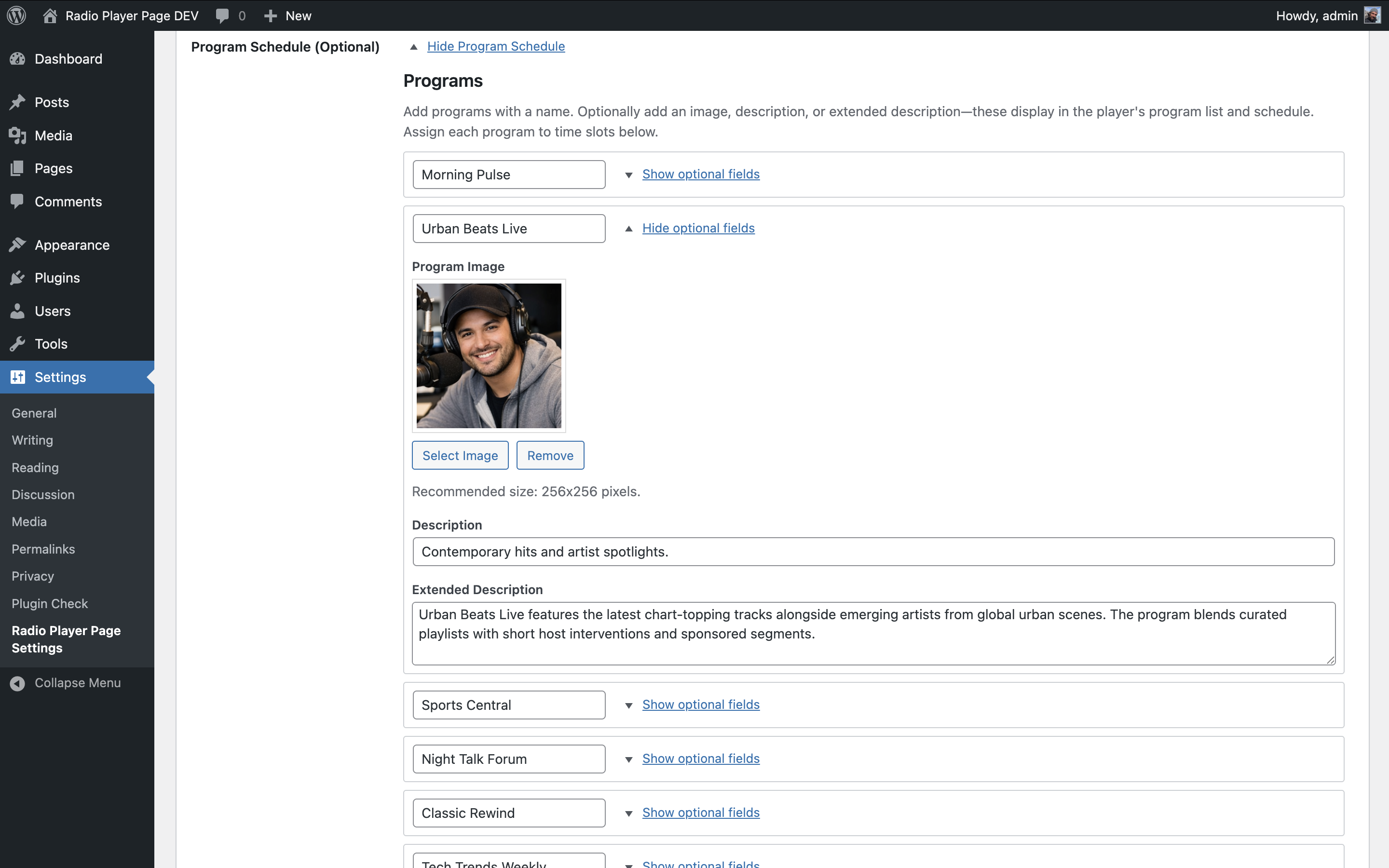 Settings screen showing program configuration.