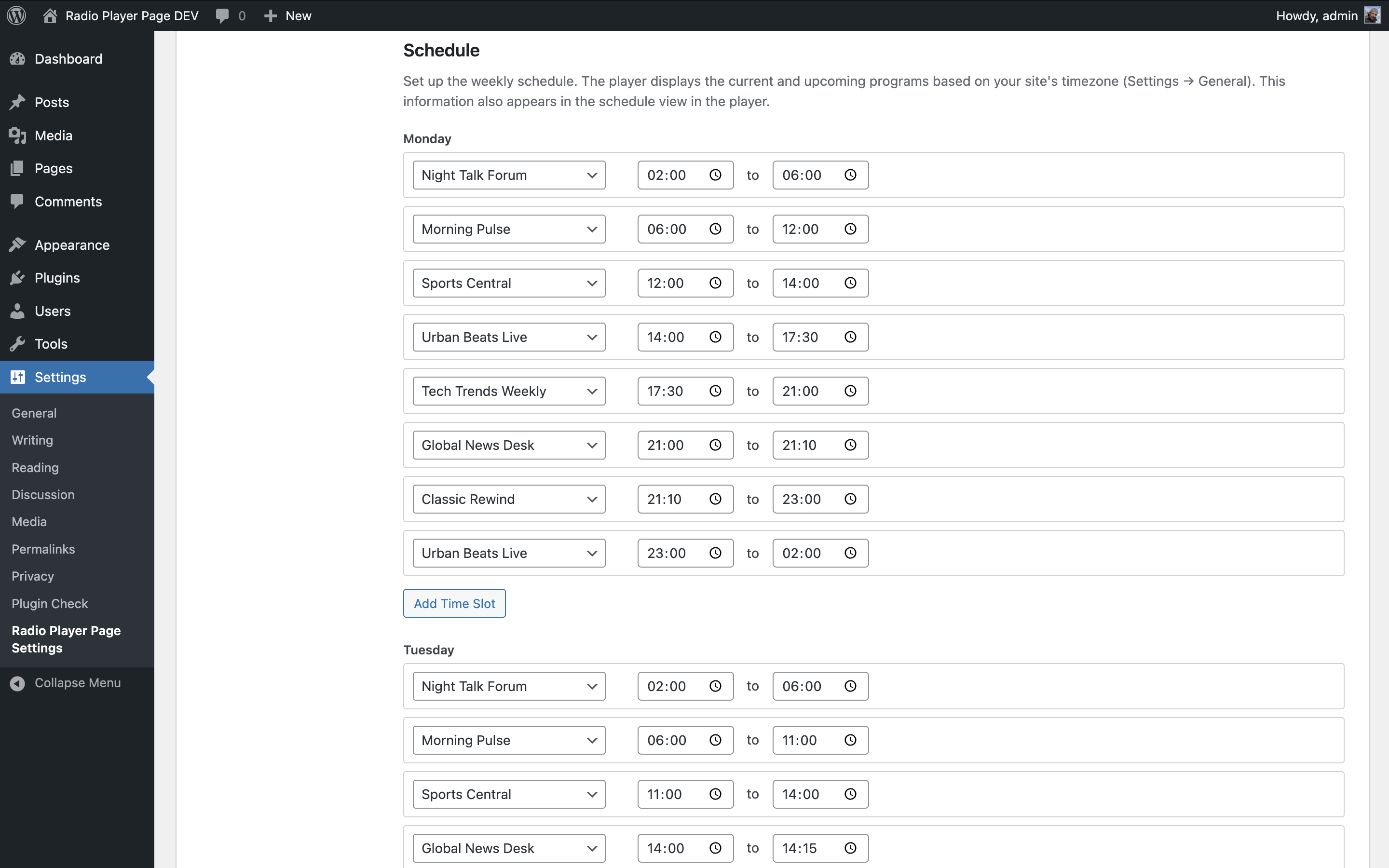 Settings screen showing schedule configuration.