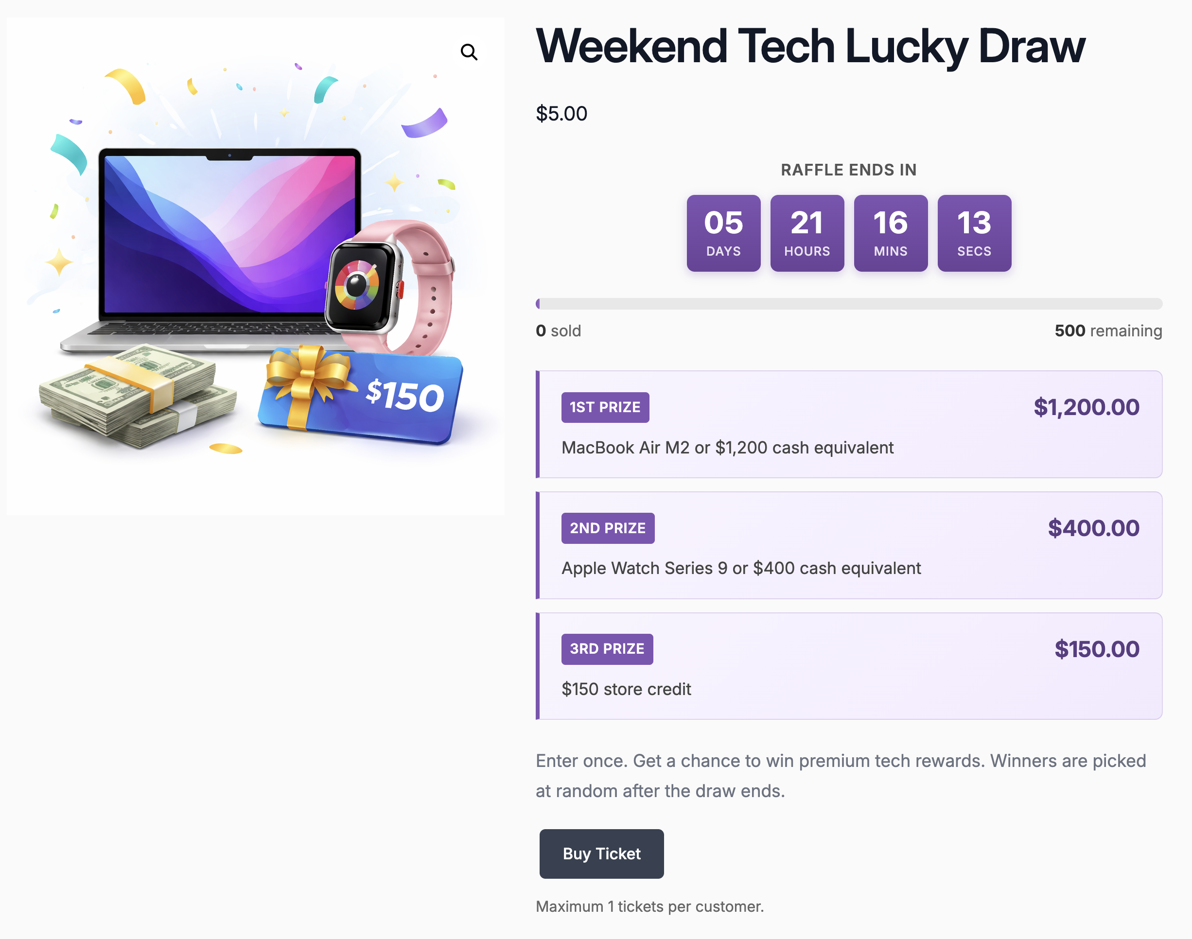 Raffle product settings showing dates and ticket limits.