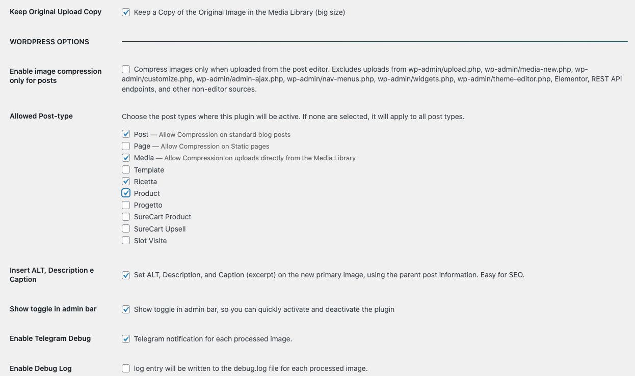 Plugin settings page with compression controls.