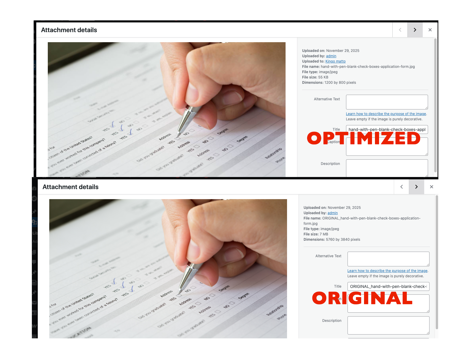 Comparison between the original image 7Mb and the optimized version 55kb. Image width px: 1200, JPG quality 70.