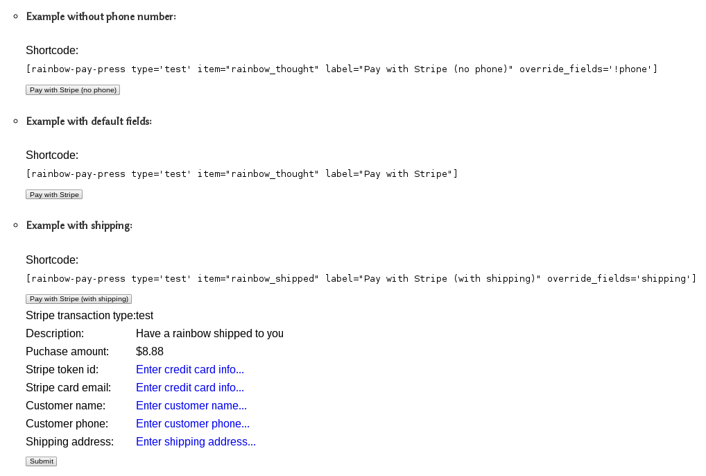 Examples of shortcode syntax, and display of all the transaction details entry fields that can