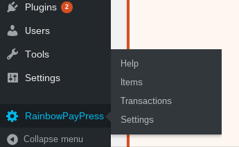 RainbowPayPress admin menu.