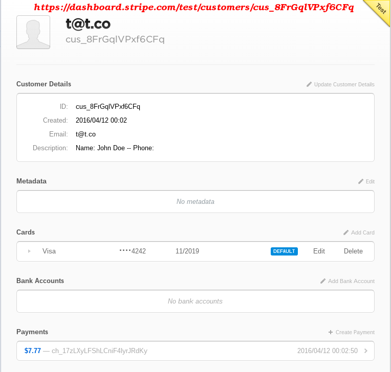 A screenshot of a customer record as it appears on the Stripe website.  This record was created