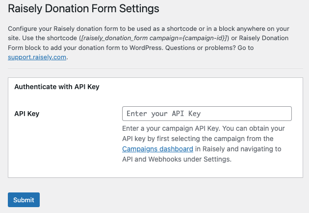 Raisely API key settings page.