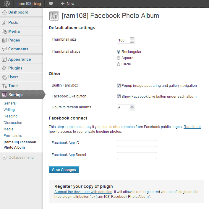 Plugn settings page in Wordpress Dashboard