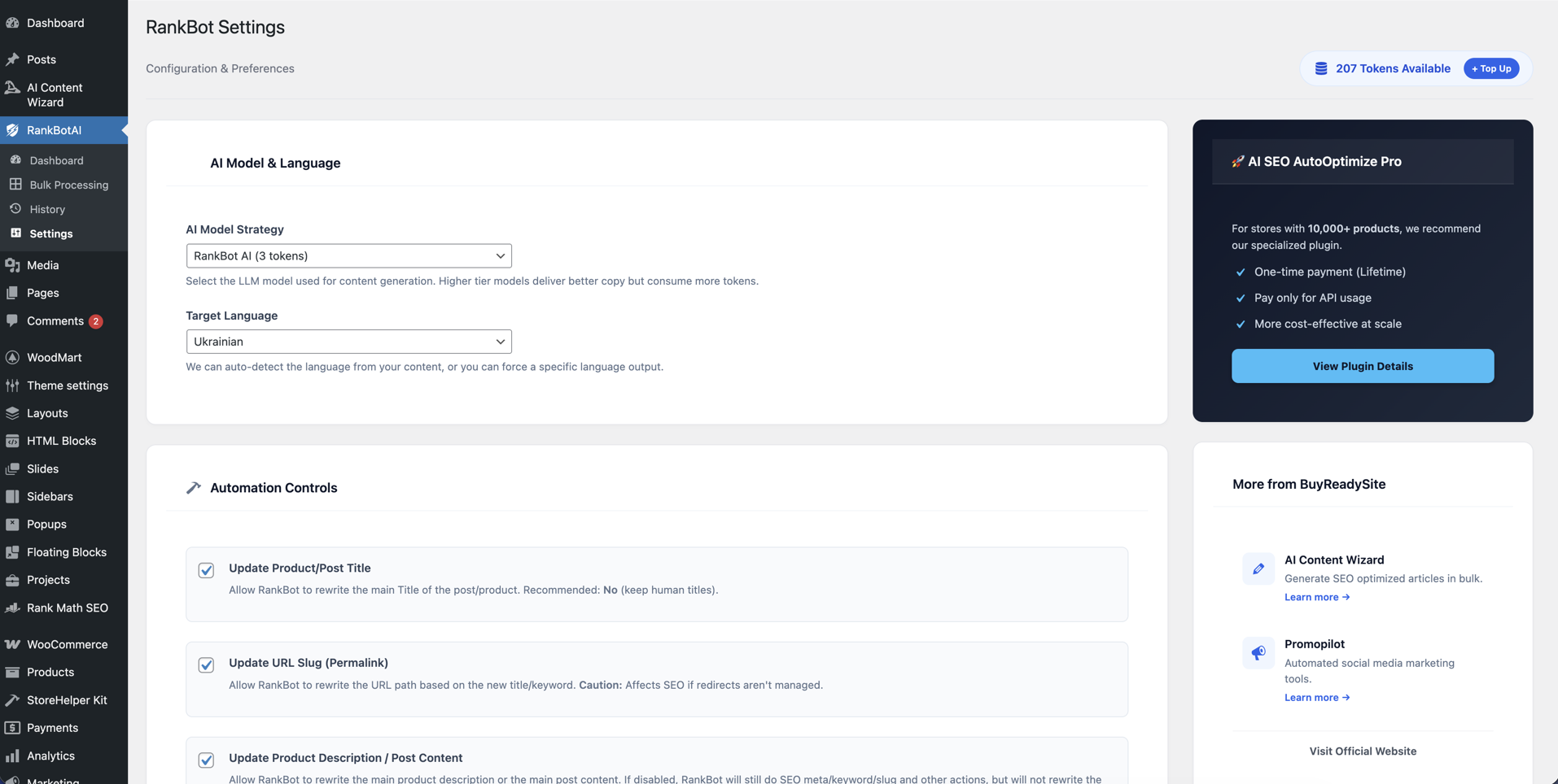 Editor integration: quick actions and SEO score.