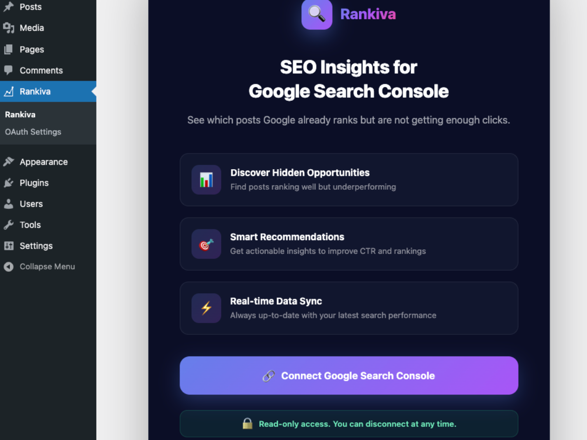Connect screen for Google Search Console authentication