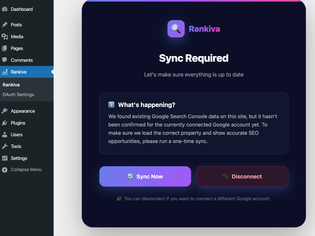 Sync screen after connecting with Google Search Console