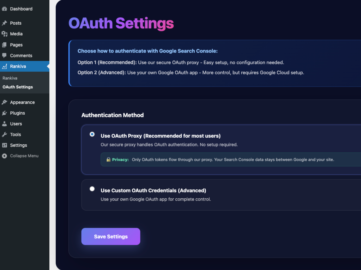 OAuth settings for custom credentials
