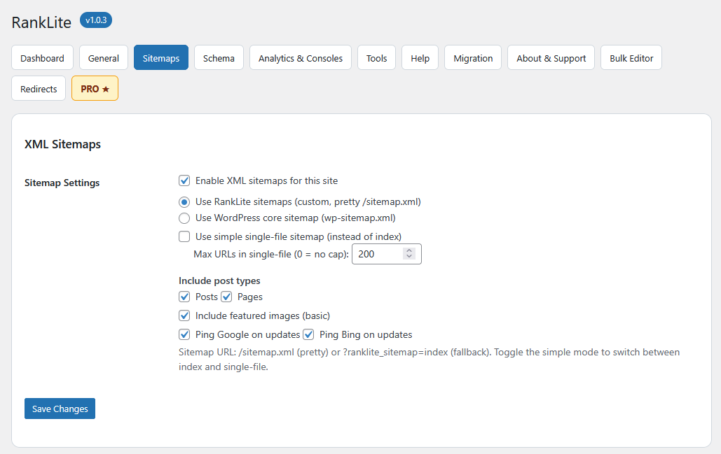 XML Sitemaps settings with Google/Bing pings
