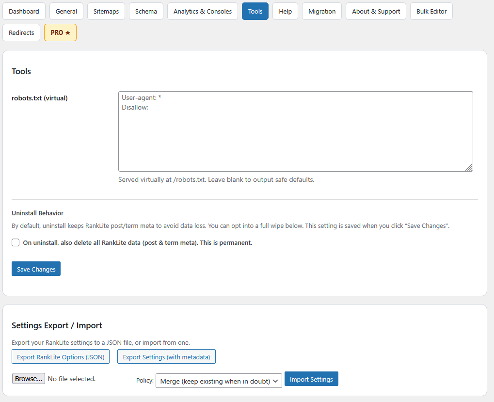 Tools, uninstall & reset options